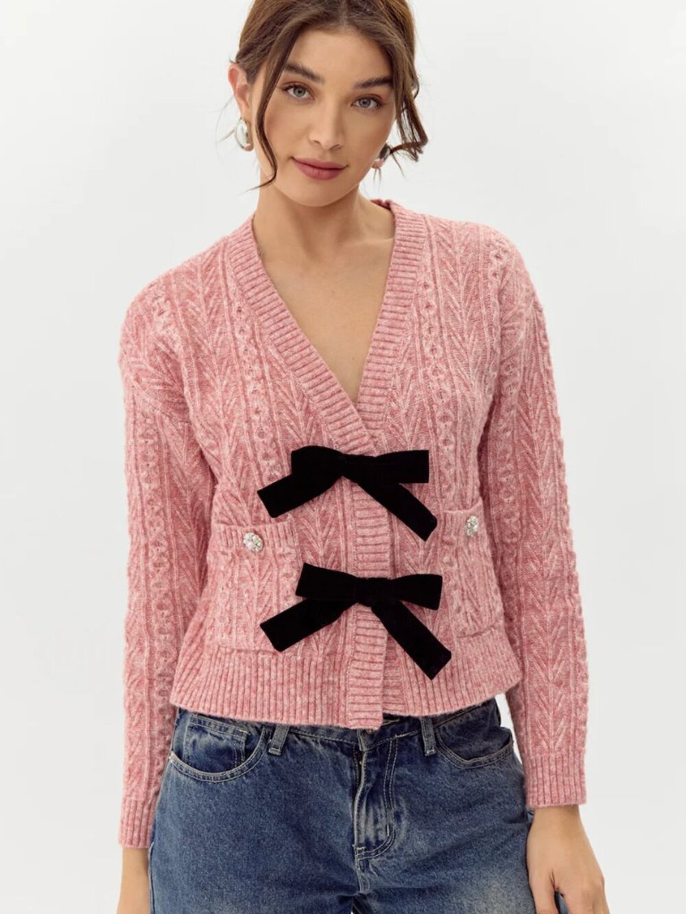 Adelyn Rae Lauren Bow Front Jeweled Cardigan